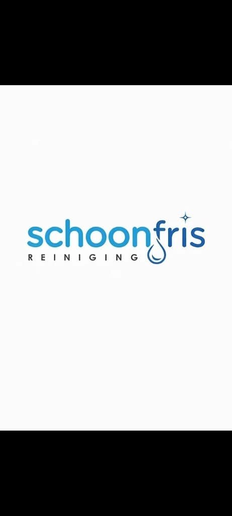 Logo van Schoonfris Reiniging met blauwe tekst en waterdruppel.