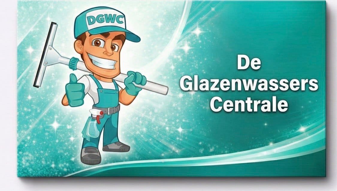 Mascotte van een glazenwasser met schoonmaakgereedschap.